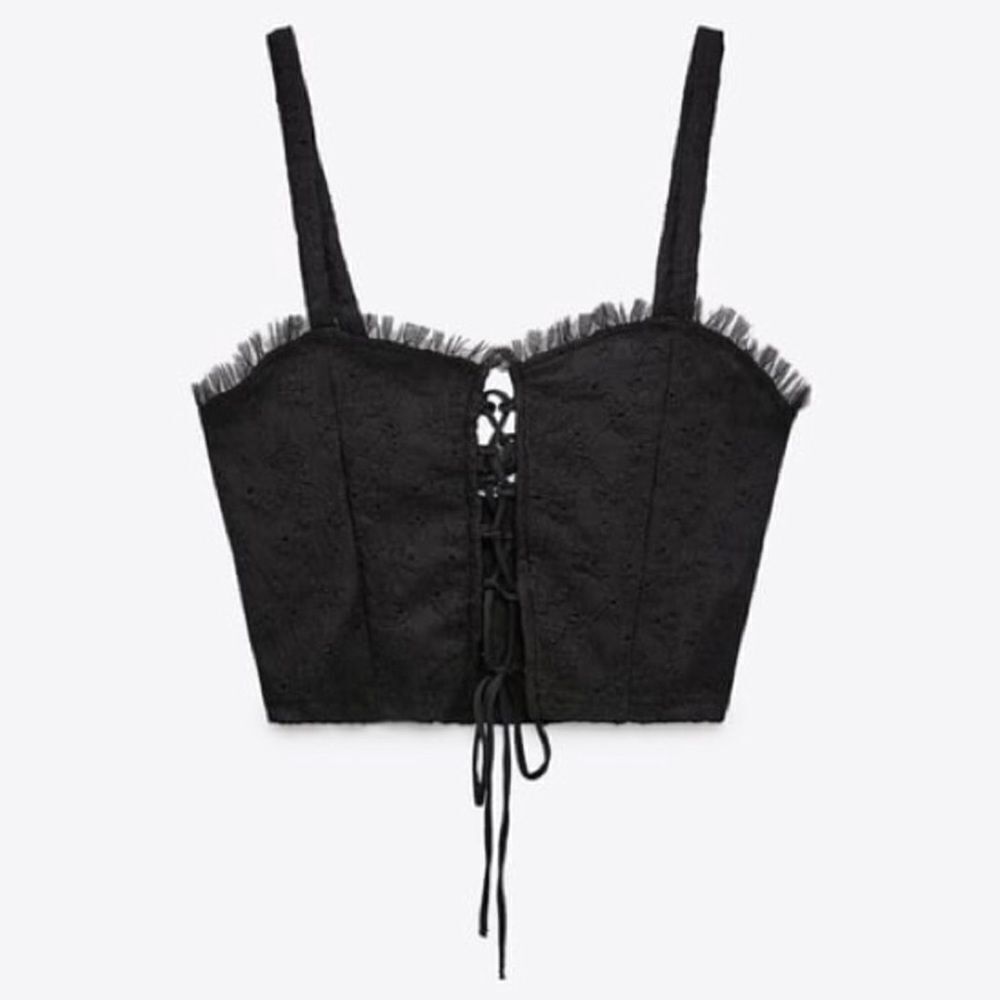Zara Tulle Lace Up Black Crop Tank Top